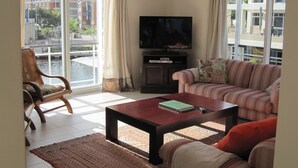 Un salon comprenant un téléviseur, un canapé, un fauteuil et une table basse. Les fenêtres offrent une vue sur des bâtiments et sur une étendue d’eau.