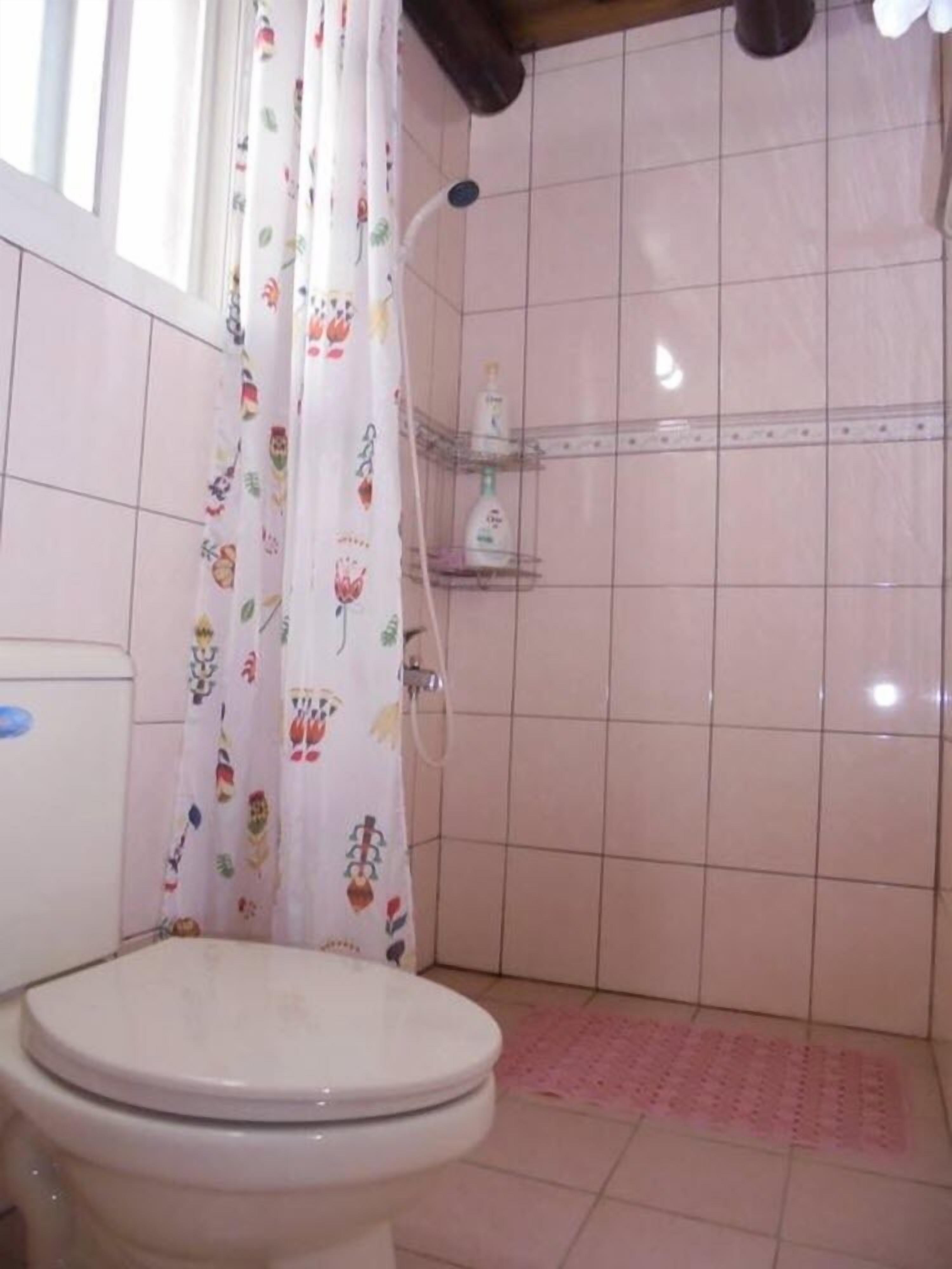 A bathroom with a toilet, a shower, and a shelf with toiletries.