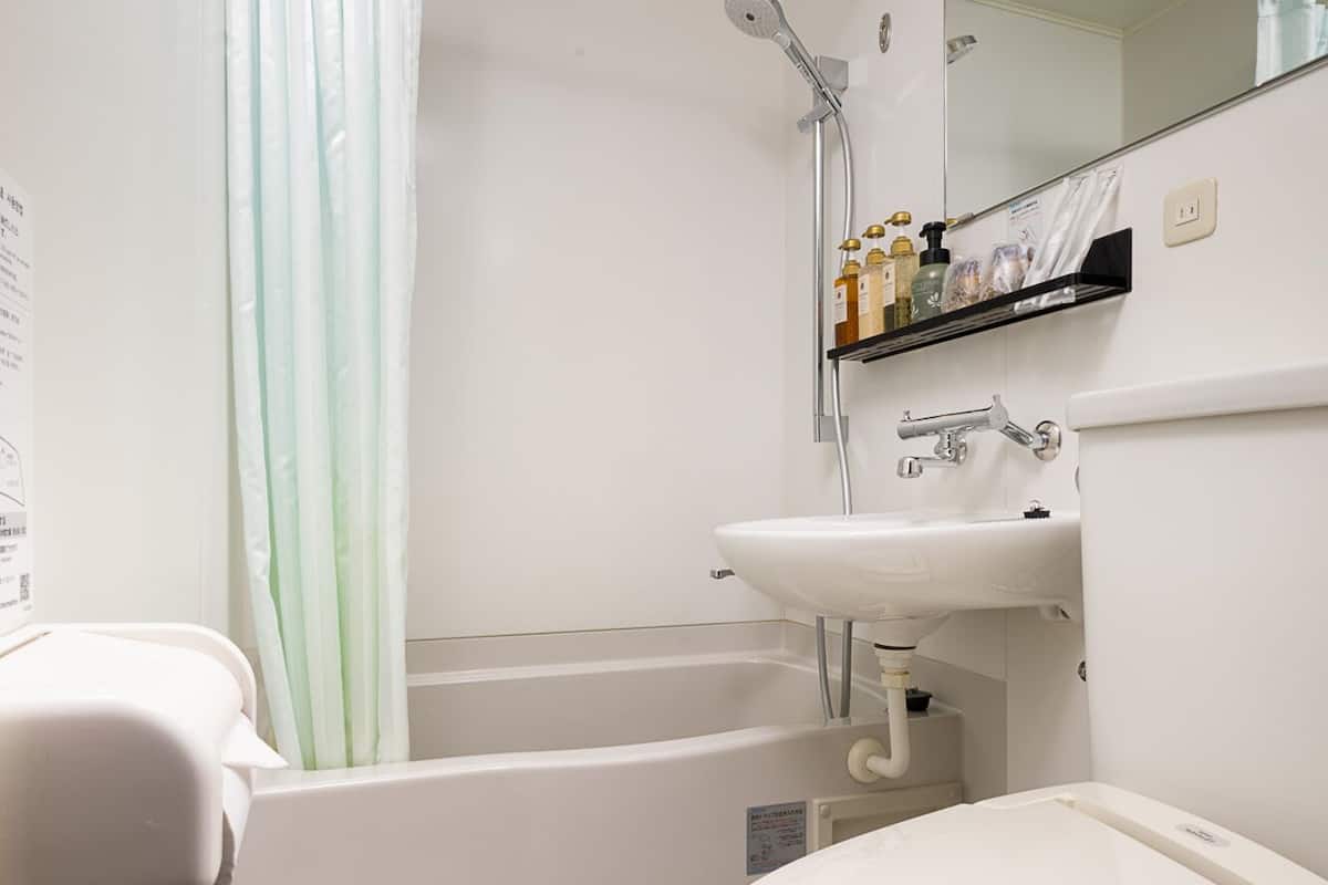 combined shower/bathtub, free toiletries, hair dryer, slippers