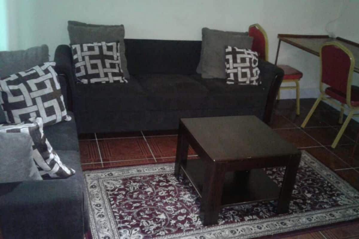 A living room with a dark sofa, patterned cushions, a small wooden table, and a patterned rug.