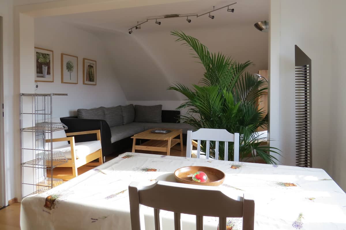 Una sala de estar acogedora con un sofá, una mesa de comedor con un tazón, una silla y una planta.