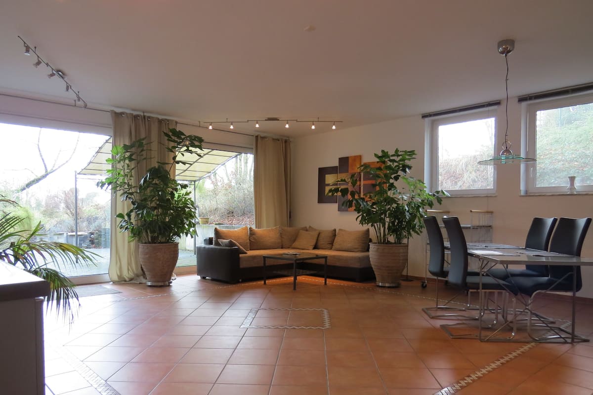 Un salón amplio con sofá, mesa de centro, mesa de comedor y sillas. Hay plantas grandes en macetas y un cuadro en la pared.