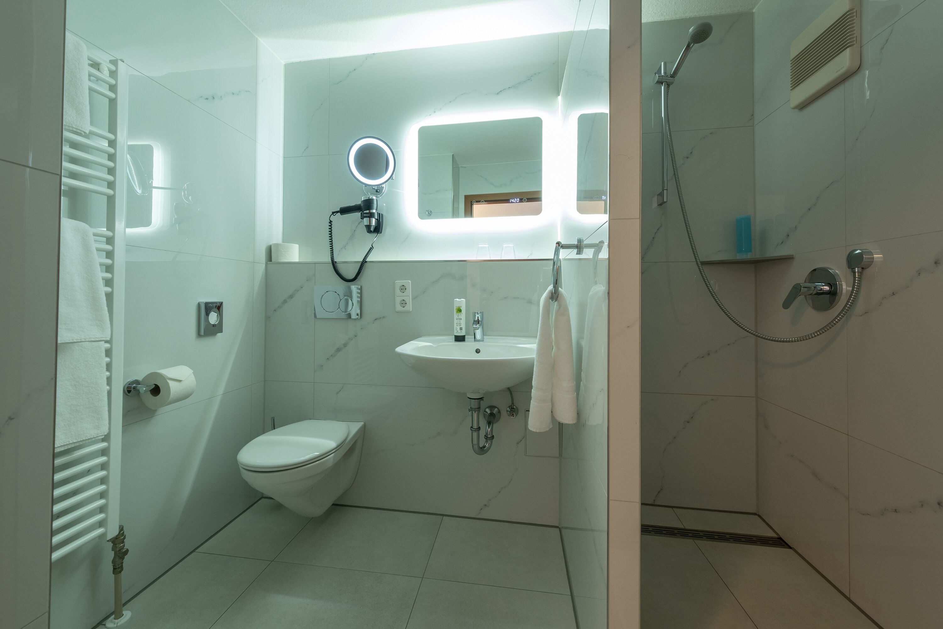 Standard-Doppelzimmer | Badezimmer | Dusche, kostenlose Toilettenartikel, Haartrockner, Handtücher