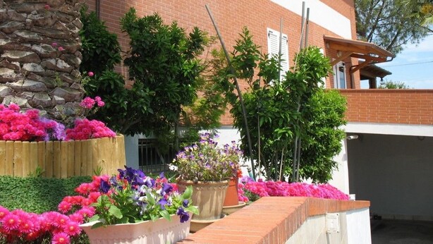 A brick building with a stone wall and a wooden fence. There are potted plants and flowers in front of the building. - Bed & Breakfast Bompadre (Civitanova Marche)