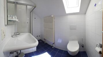 A bathroom with a white sink, toilet, and shower area, featuring a skylight and blue-tiled floor.