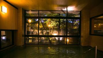 Una amplia piscina interior con vistas a árboles y una estructura de piedra a través de ventanales.