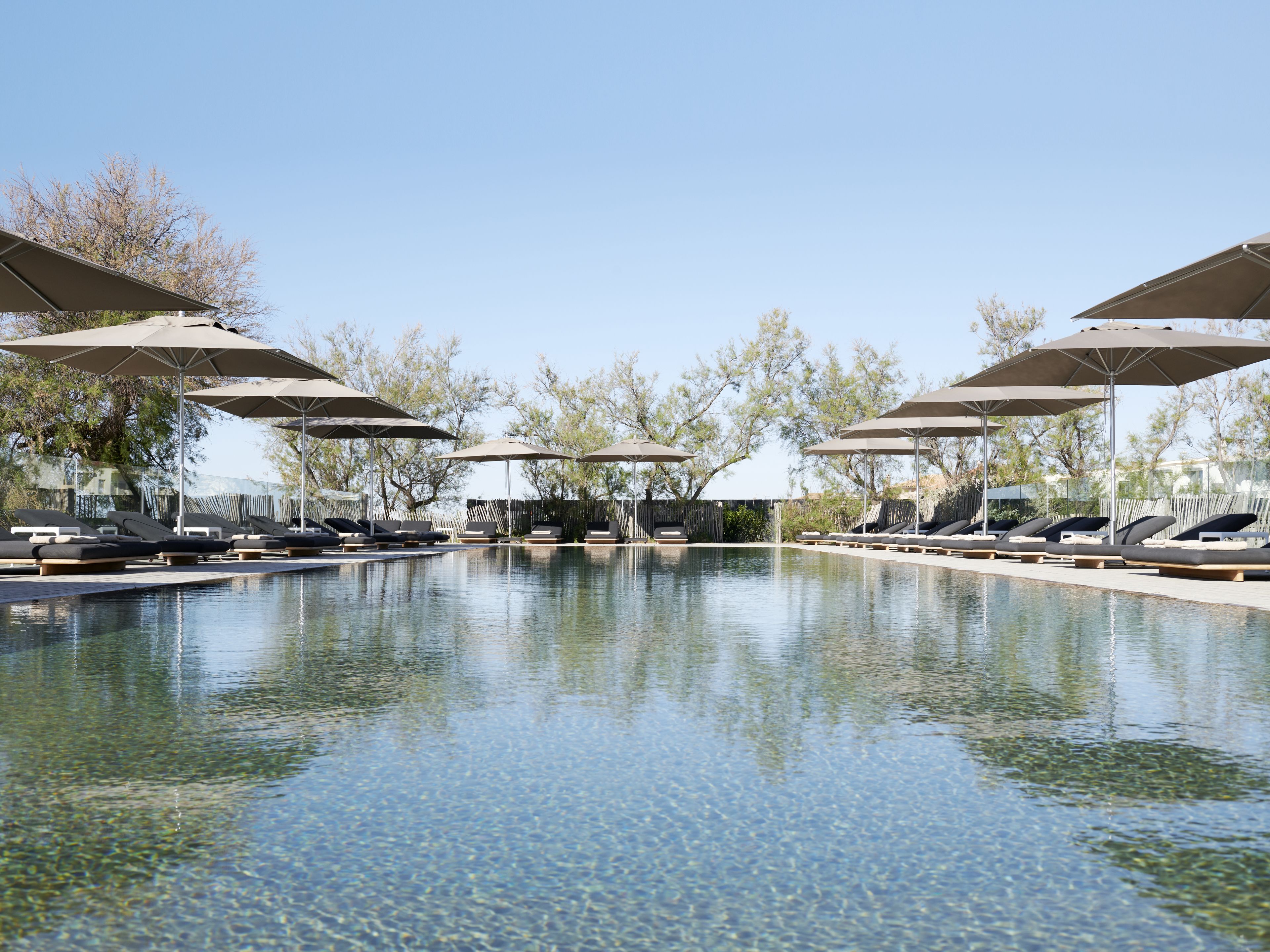 室外游泳池，池畔遮阳伞，日光浴躺椅