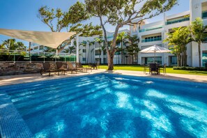 Outdoor pool, pool umbrellas, pool loungers