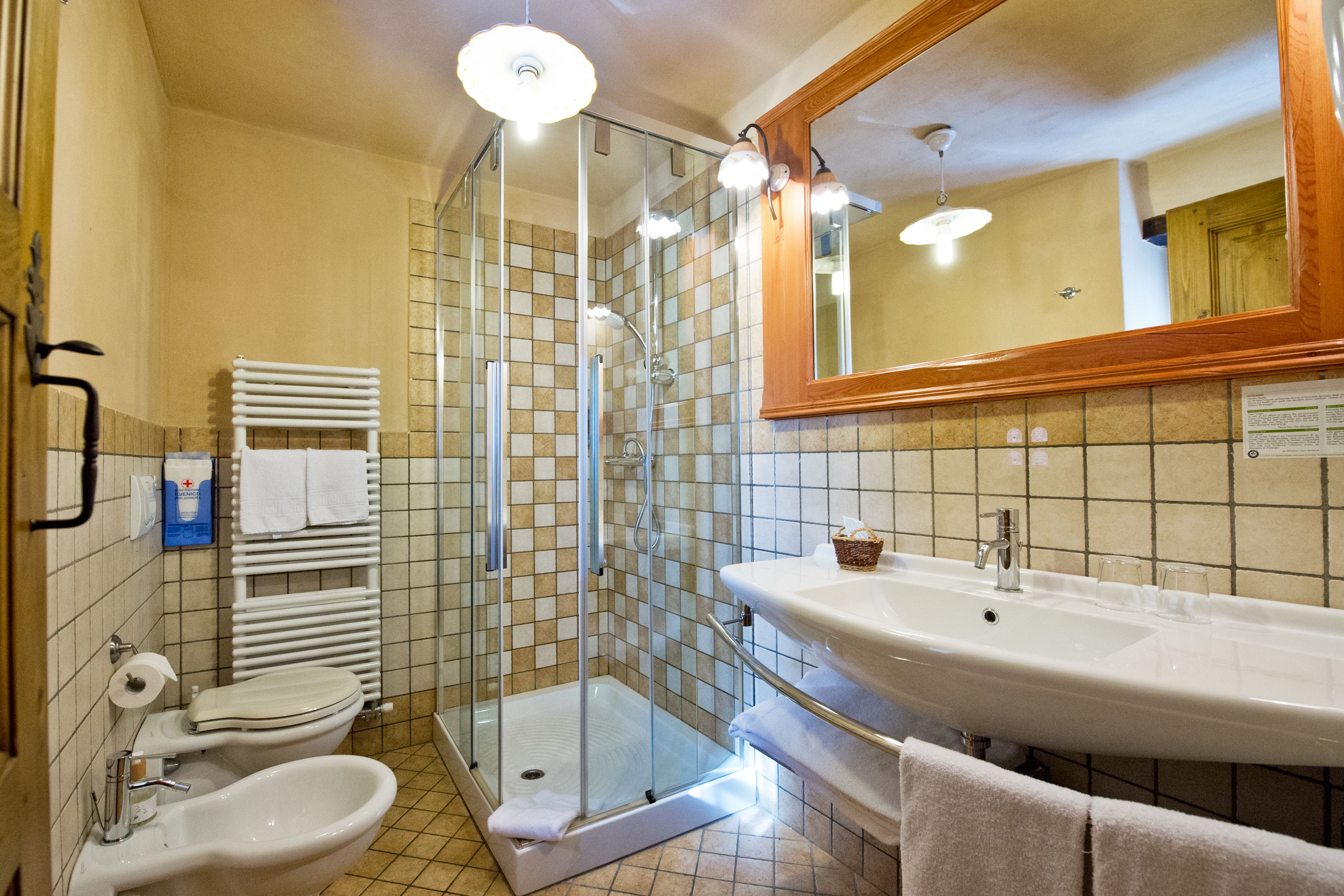 Een badkamer met een douche met glazen wand, een wastafel, een toiletbrons en een toilet.