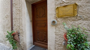 A stone building with a wooden door, a metal plaque, and potted plants.