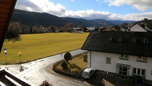 A view of a rural area with a large open field, a few houses, and mountains in the background. - Gästehaus Birke (Titisee-Neustadt)