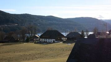 Ländliche Landschaft mit Häusern, einem Feld und Bergen im Hintergrund.
