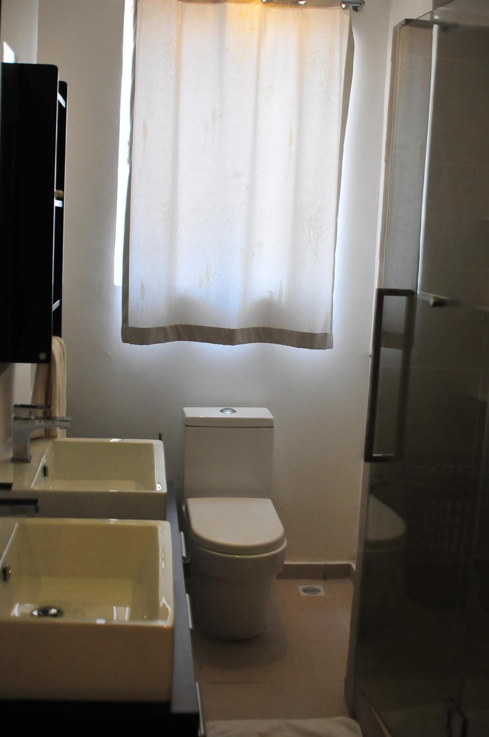 A bathroom with a toilet, two sinks, and a shower.