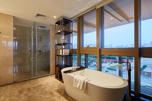 Suite panoramica, 1 camera da letto, vista lago, lato lago | Bagno | Doccia, set di cortesia gratuito, asciugacapelli, pantofole