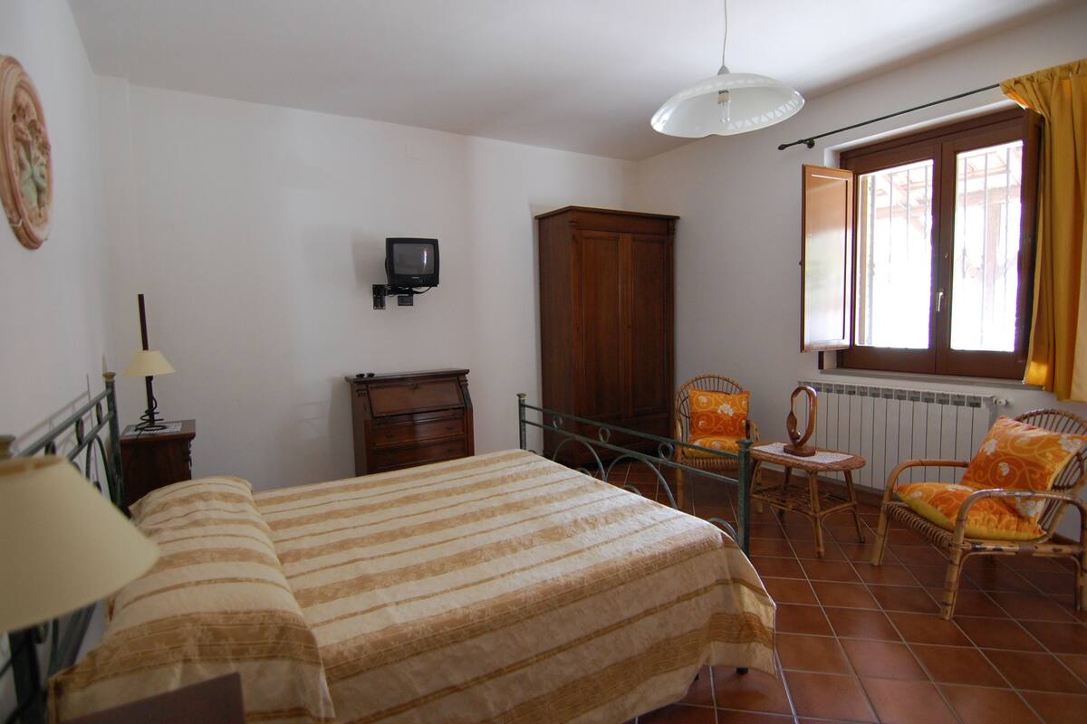 Une chambre à coucher avec un lit, une télévision, une armoire et une fenêtre avec des rideaux.