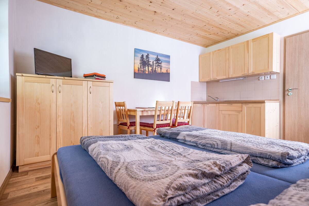 Une chambre avec deux lits, un bureau et une chaise. On y trouve un téléviseur posé sur un meuble, un tableau accroché au mur et des armoires en bois.