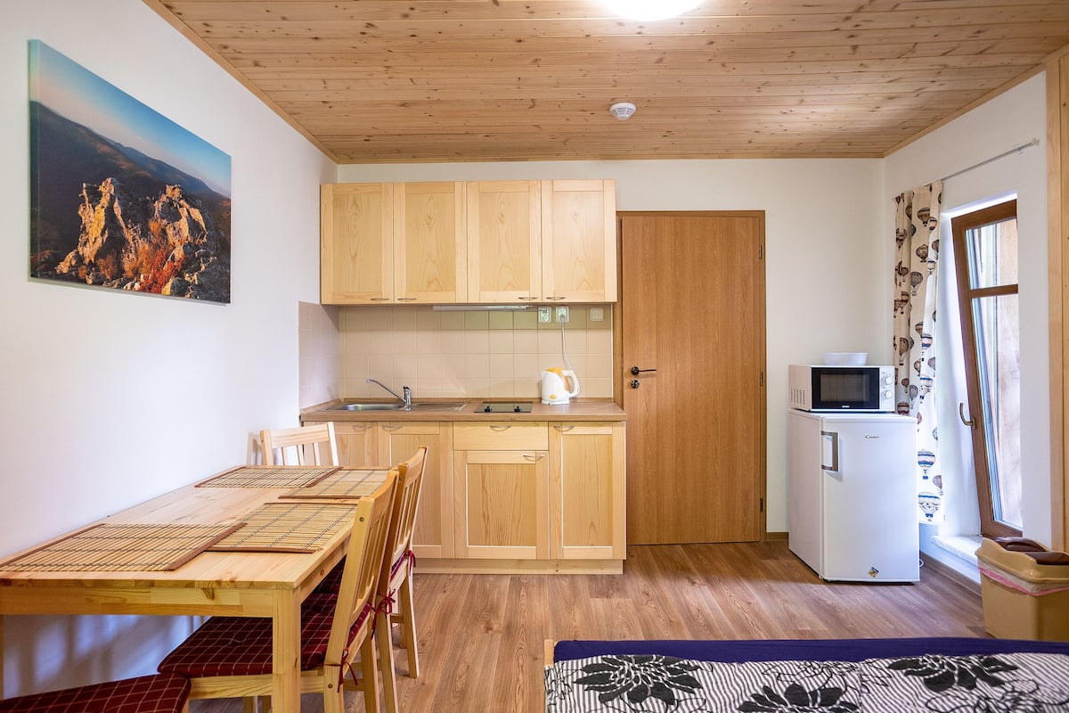 Une cuisine de taille réduite, dotée de meubles en bois, d’un four à micro-ondes et d’un réfrigérateur.