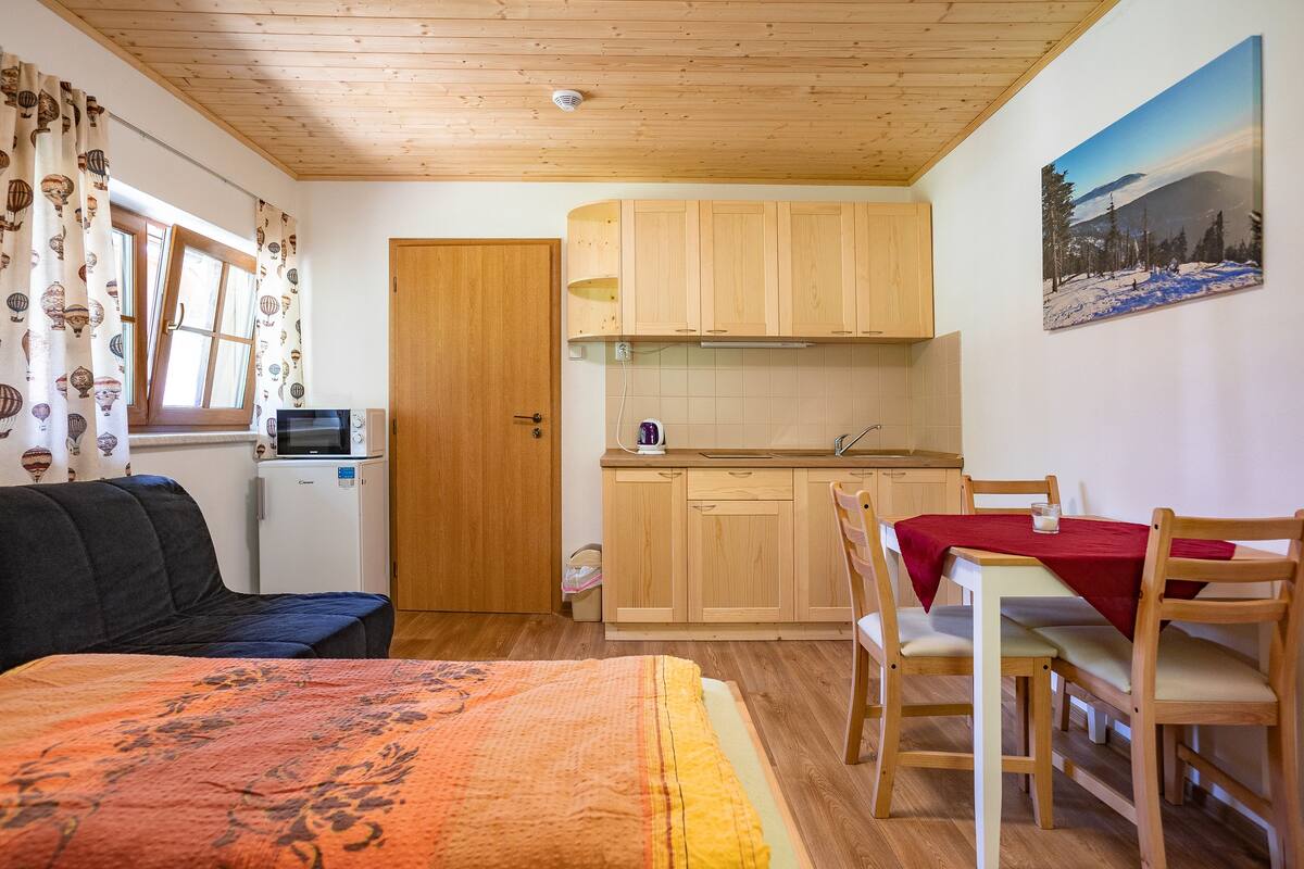 Une pièce de taille modeste comprenant un lit, une petite kitchenette, une table à manger avec des chaises et un plafond en bois.