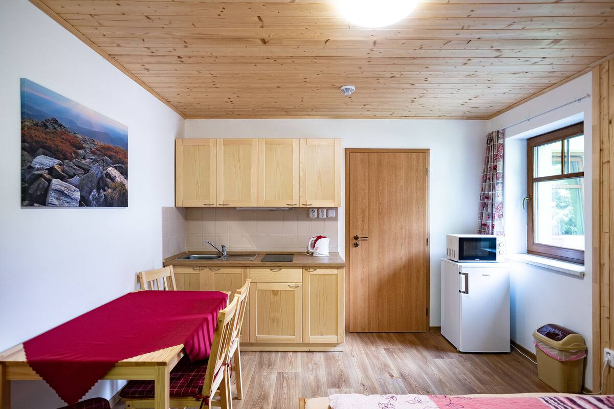 Une cuisine de taille réduite, dotée de meubles en bois, d’un four à micro-ondes et d’un évier.