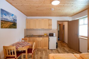 Studio, Balkon (Apt 5) | Eigene Kochnische | Kühlschrank, Mikrowelle, Herdplatte, Wasserkocher mit Kaffee-/Teezubehör