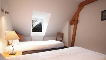 Une chambre avec deux lits, une fenêtre donnant sur une montagne et une poutre en bois au plafond.