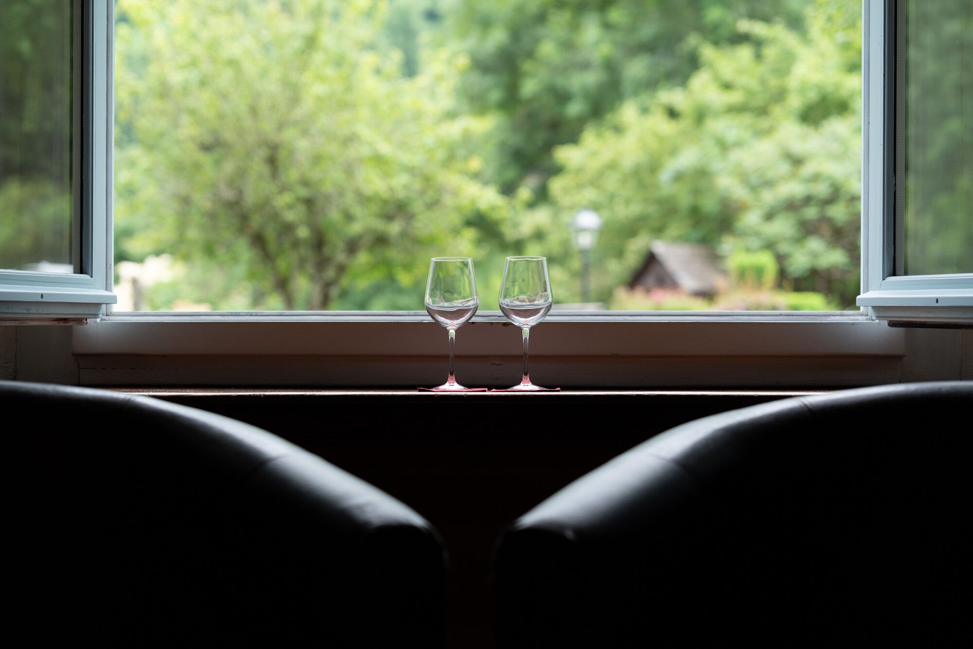 Dos copas de vino vacías en un alféizar con vistas a árboles y una casa.