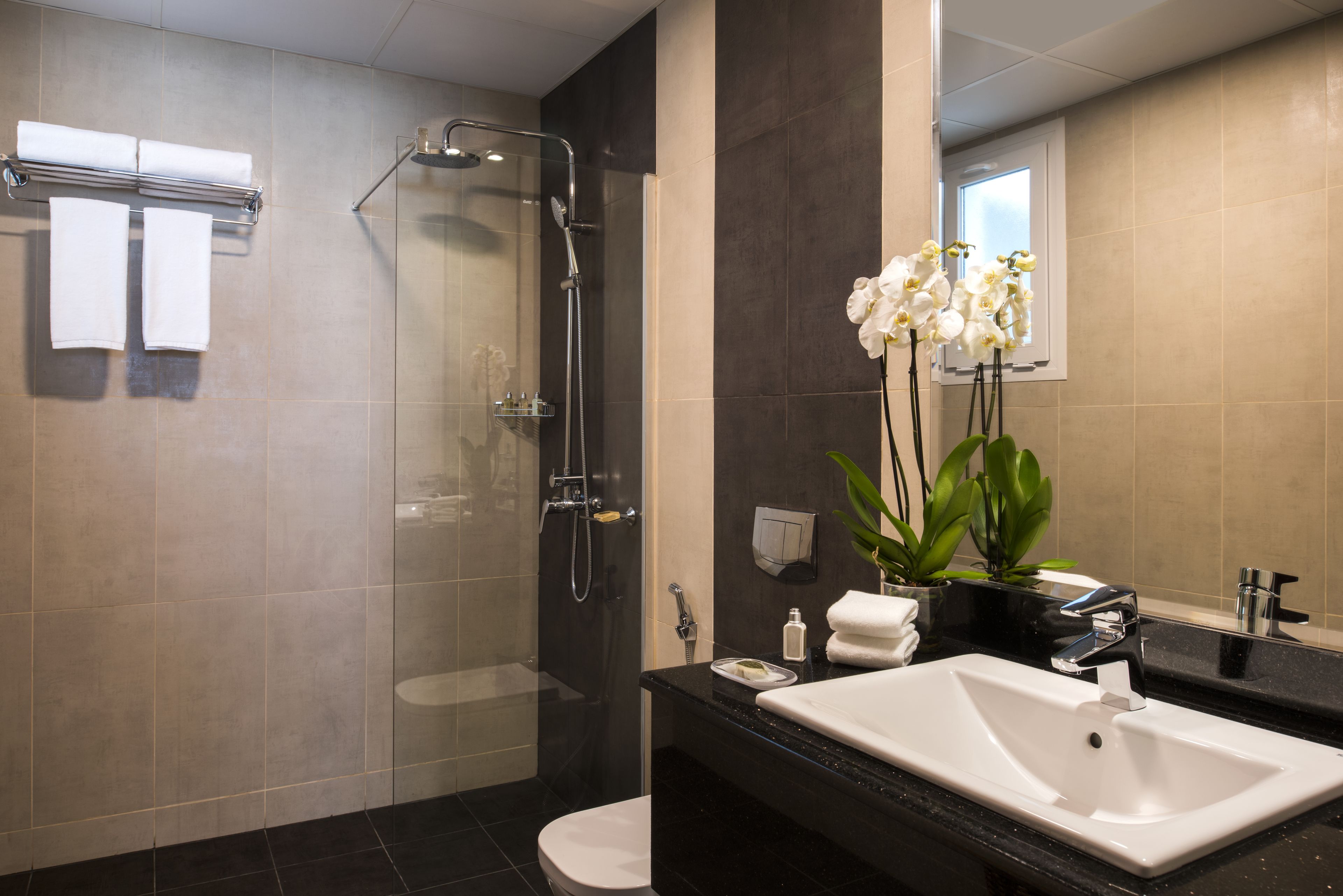 Shower, rainfall showerhead, free toiletries, hair dryer