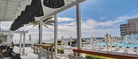 A rooftop bar with a pool view, white umbrellas, and a clear sky.