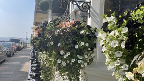 Un edificio con un letrero que dice "The 21" y macetas colgantes de flores.