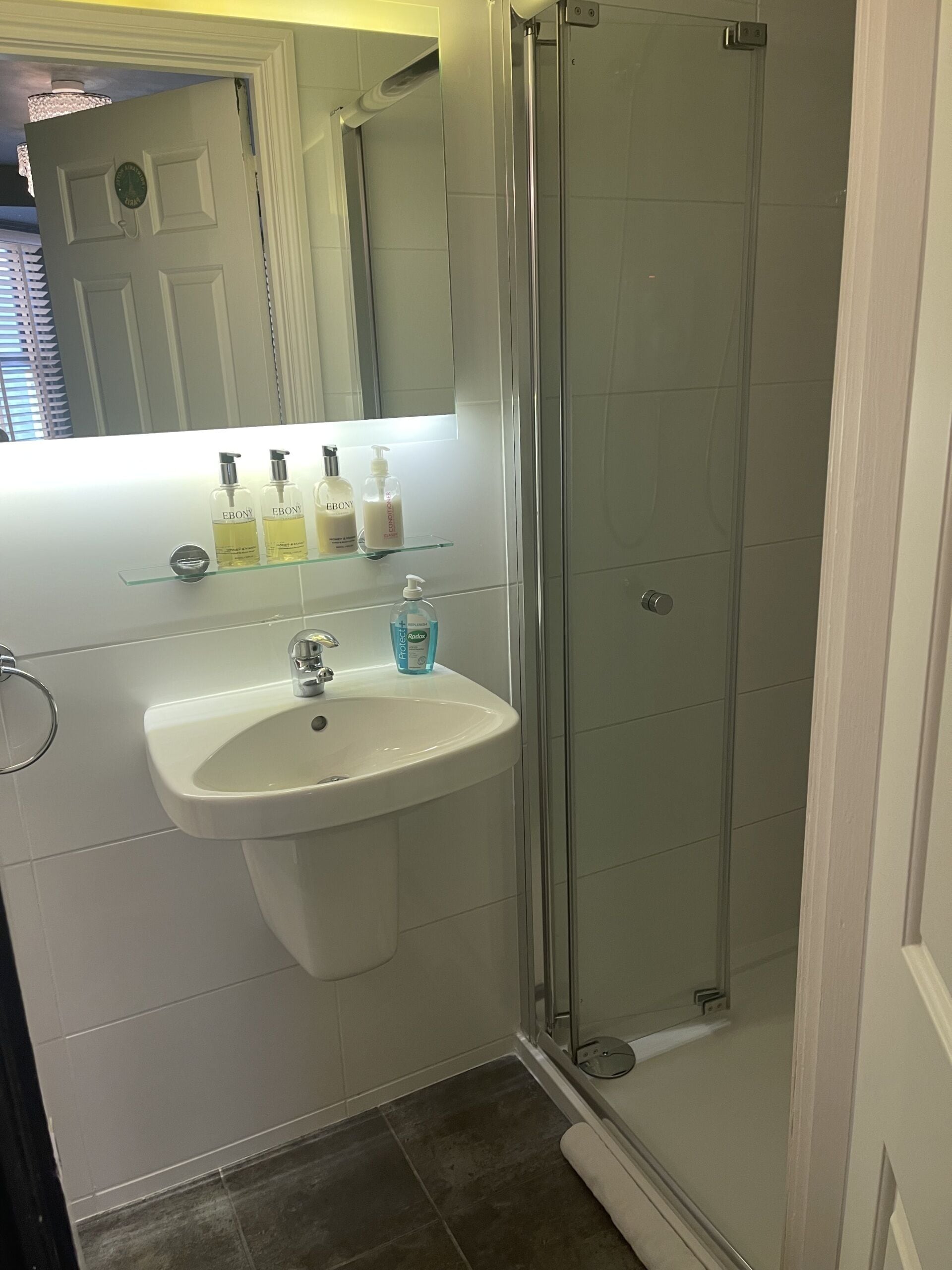Un baño con lavamanos blanco, cabina de ducha con mampara de vidrio y artículos de aseo en un estante.