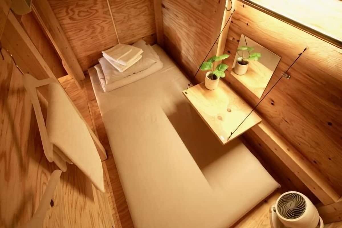 A wooden room with a bed, a small table with a plant, and a shelf with a mirror.
