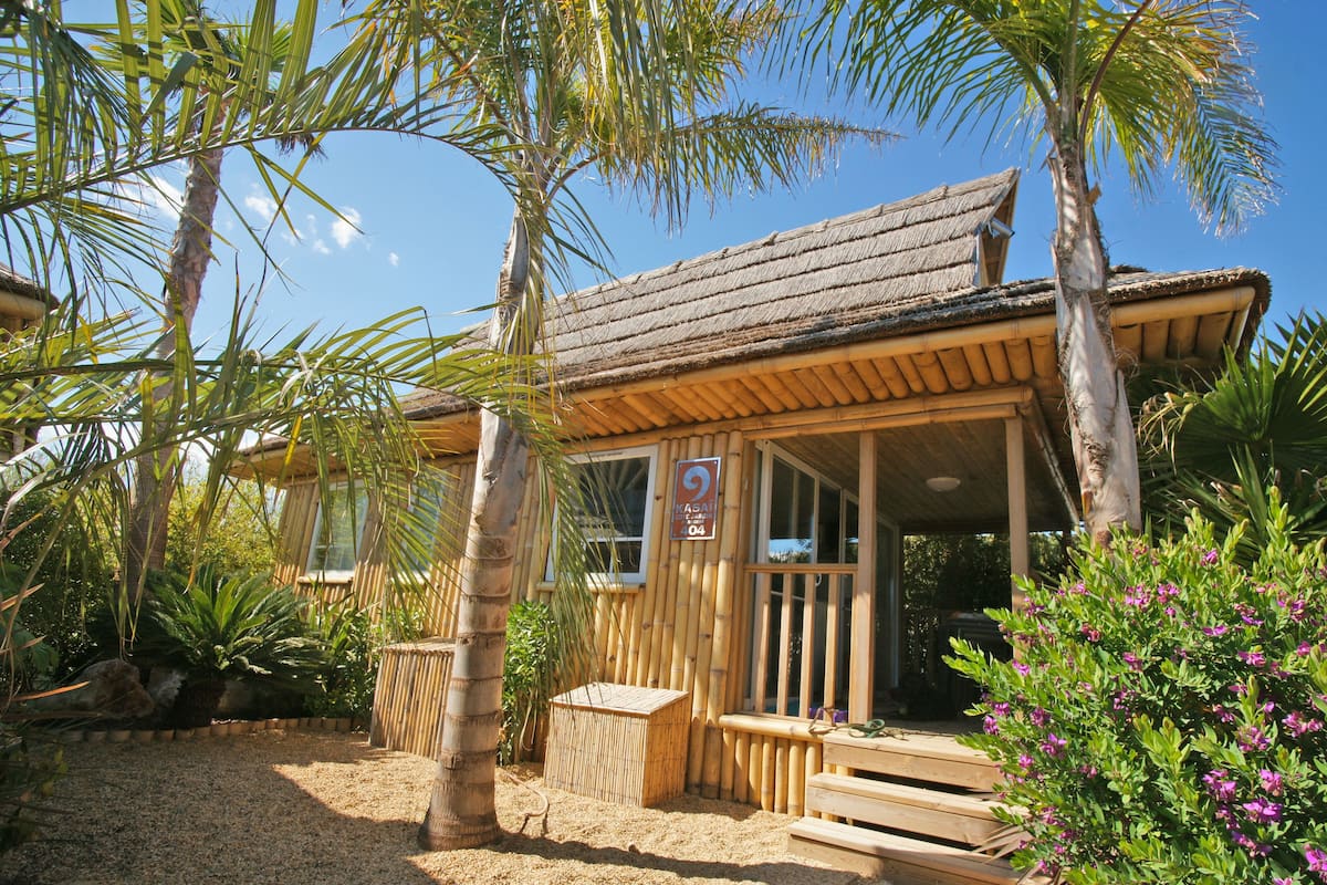 A wooden building with a thatched roof, surrounded by palm trees and a sandy area with benches.