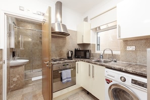 Deluxe Apartment | Private kitchen | Fridge, microwave, oven, stovetop