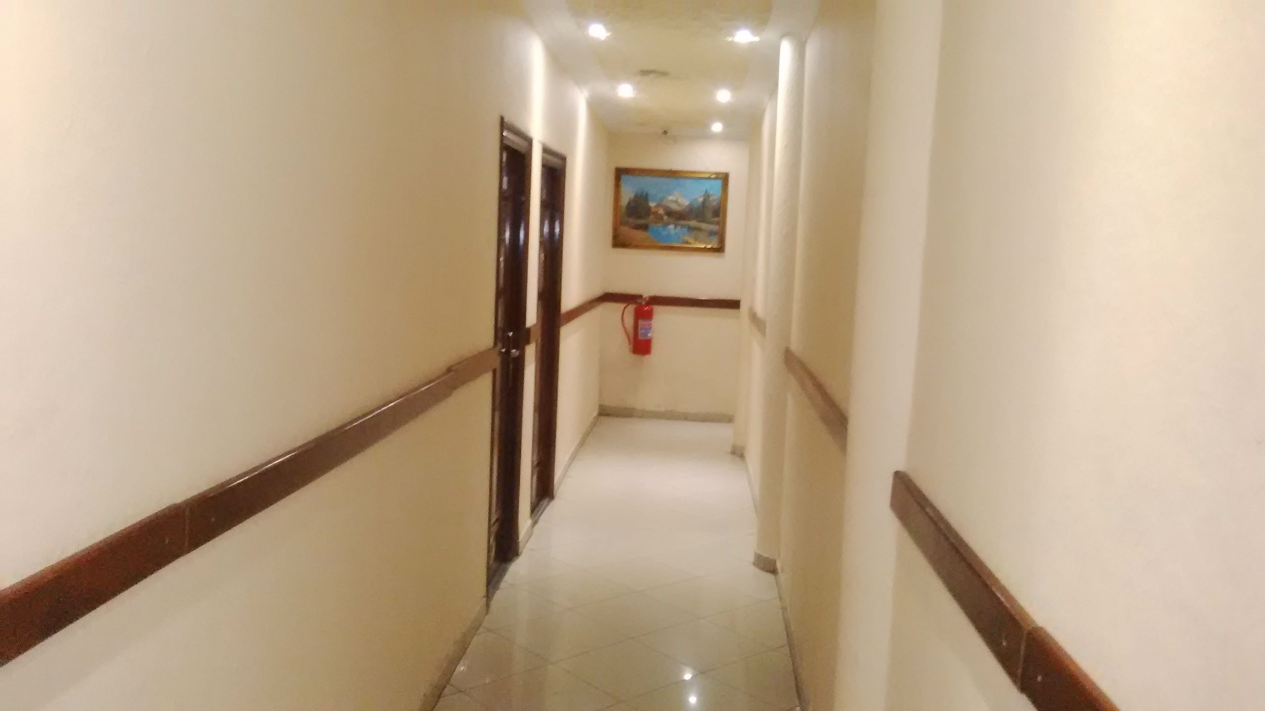 A narrow, well-lit hallway with white walls and wooden trim, leading to a door at the end.