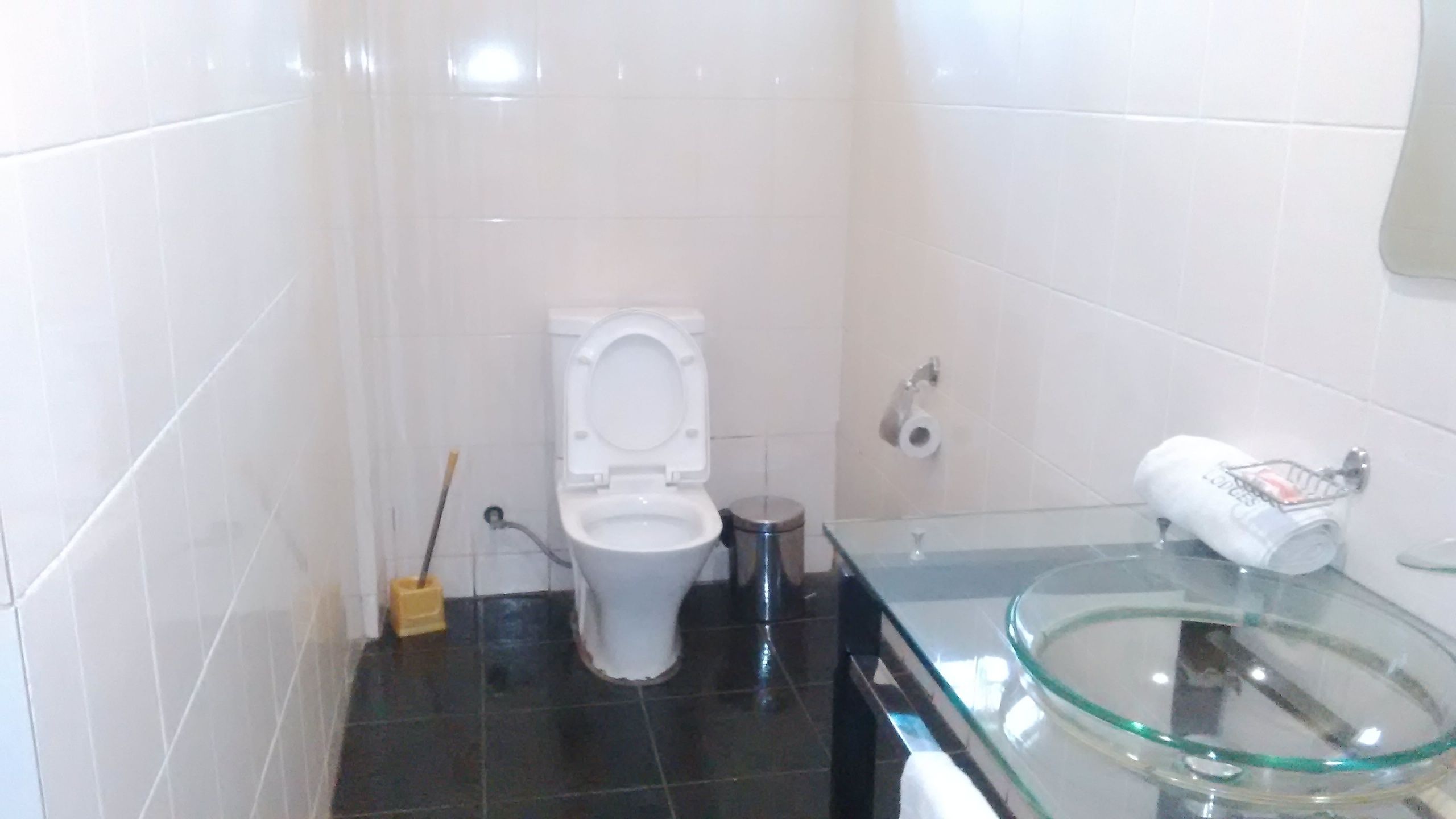 Een badkamer met een wit toilet, een glazen wastafel en een prullenbak.