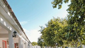 A courtyard with a paved walkway, neatly trimmed grass, and wooden benches. - Mali Beach Apart Otel (Seferihisar)