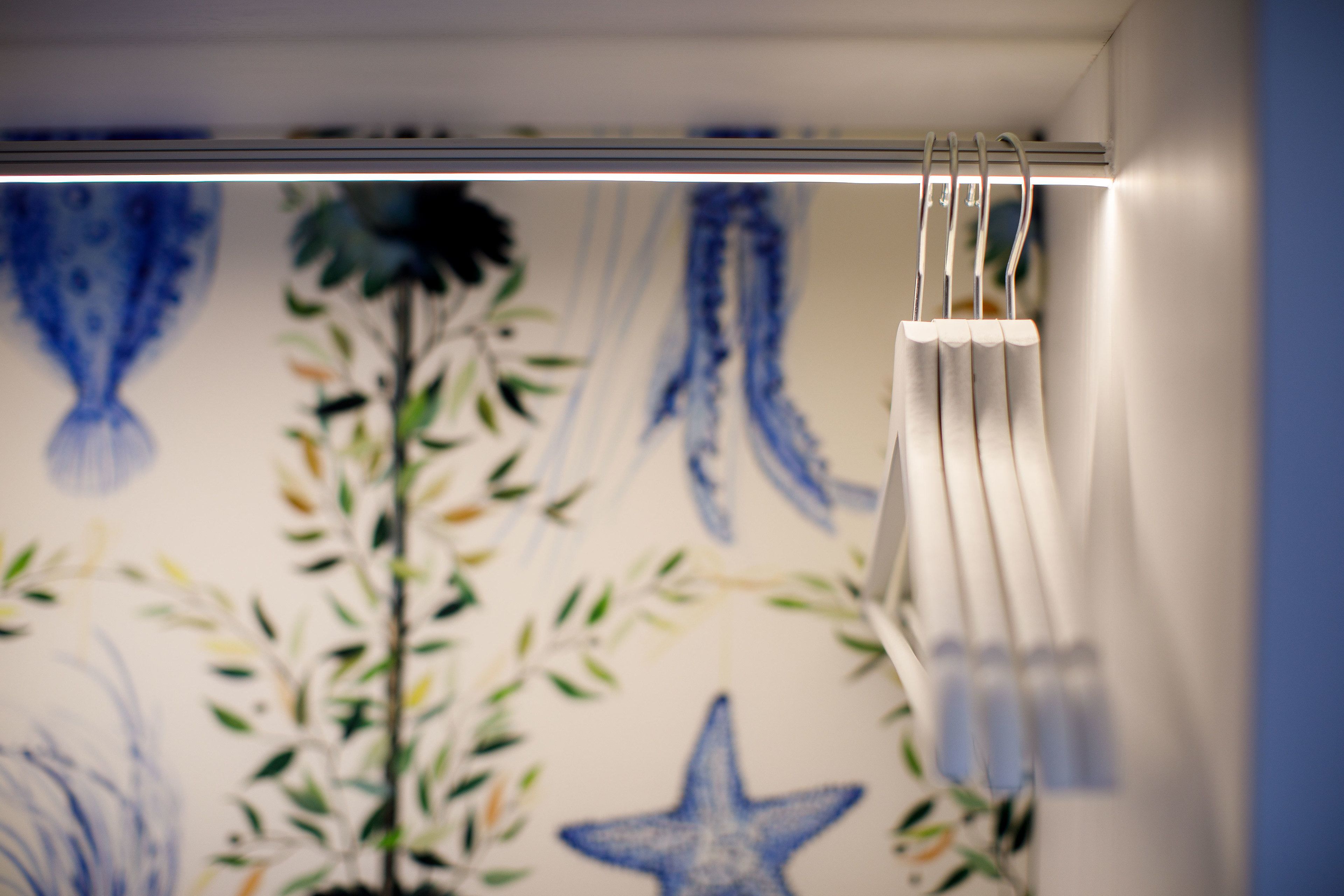 A room with a wall decorated with blue and white patterns, including a star and plant designs.