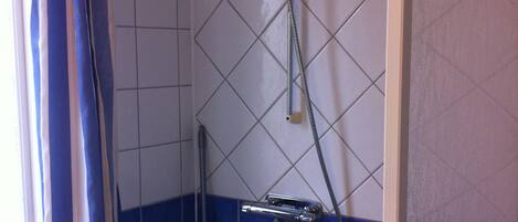 A shower with a handheld showerhead and a fixed wall-mounted faucet.