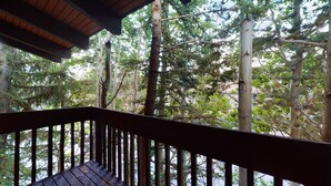 Eine Holzterrasse mit Blick auf hohe Bäume und ein Gebäude im Hintergrund.