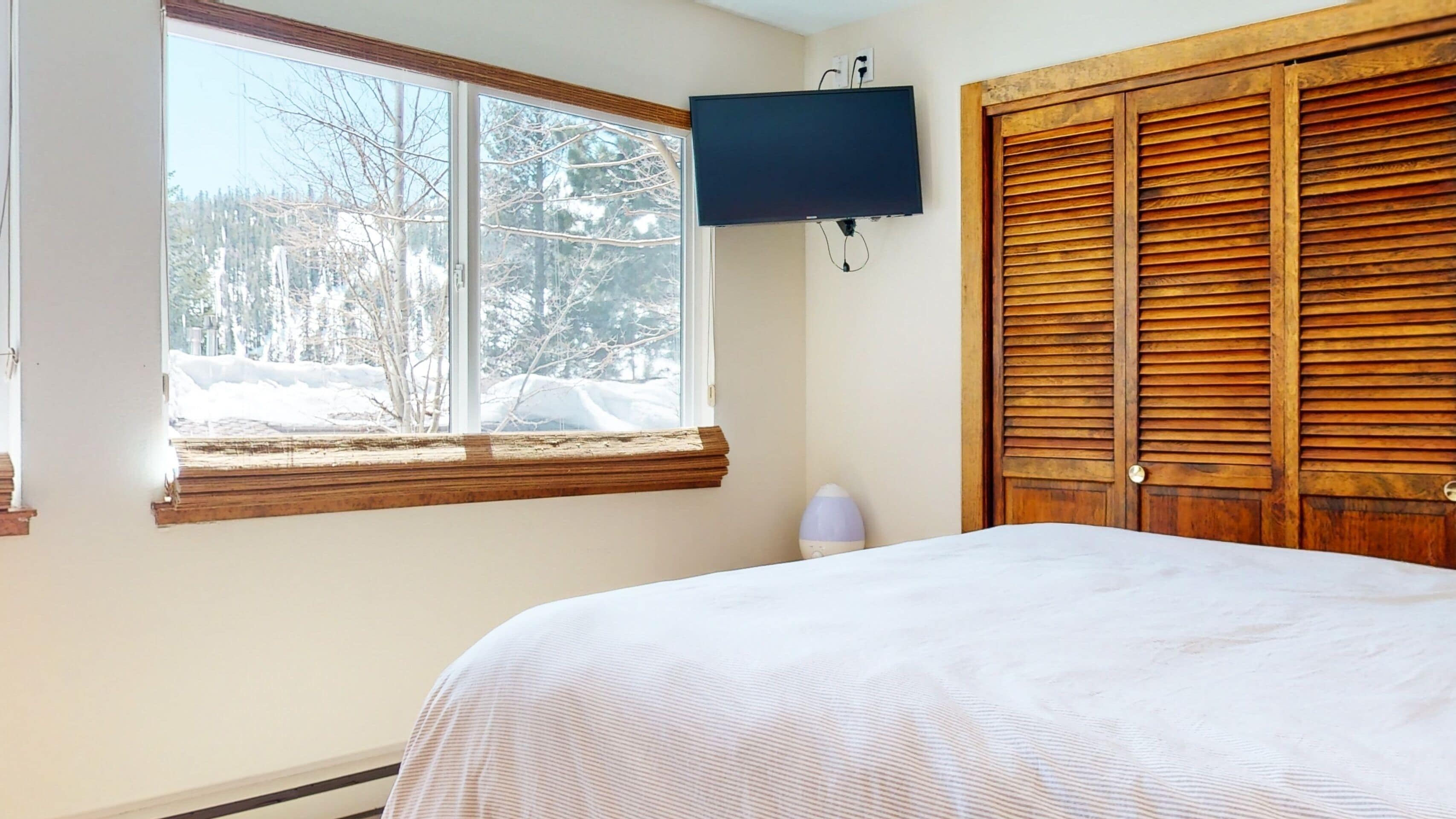 Un dormitorio con una cama, una ventana con vistas a árboles, una puerta de madera y un televisor montado.