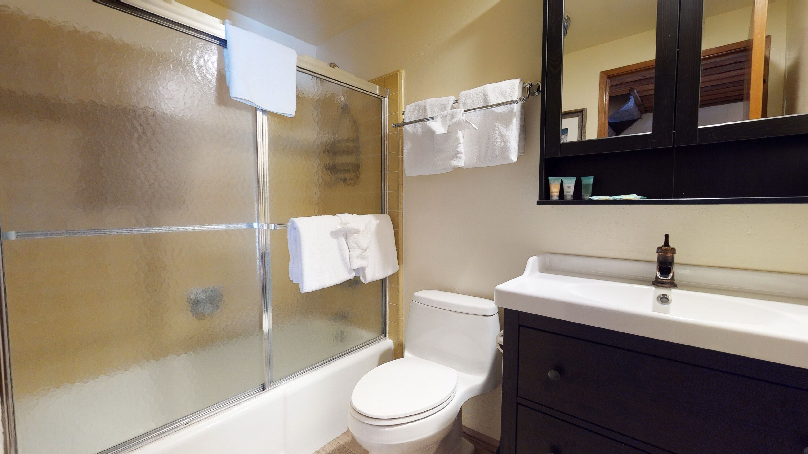 A bathroom with a glass-enclosed shower, a white toilet, and a vanity with a mirror.