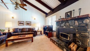 Condo, 1 Bedroom | Living room | Smart TV, fireplace, DVD player - Discovery 4 104 Pet-Friendly Rustic Mountain Cabin, Close to Canyon Lodge by RedAwning (Mammoth Lakes)