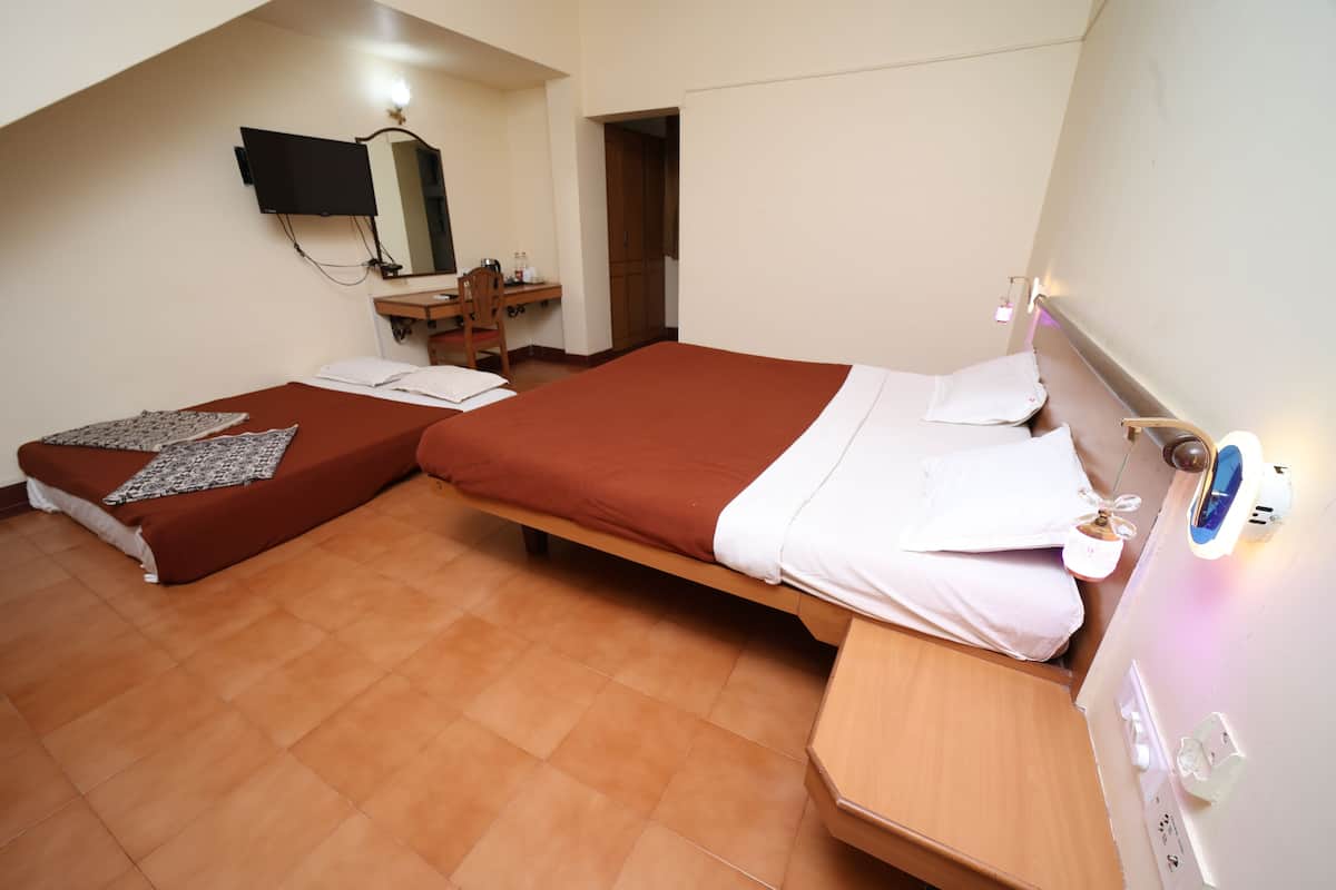 A room with two beds, a desk, a mirror, and a television.