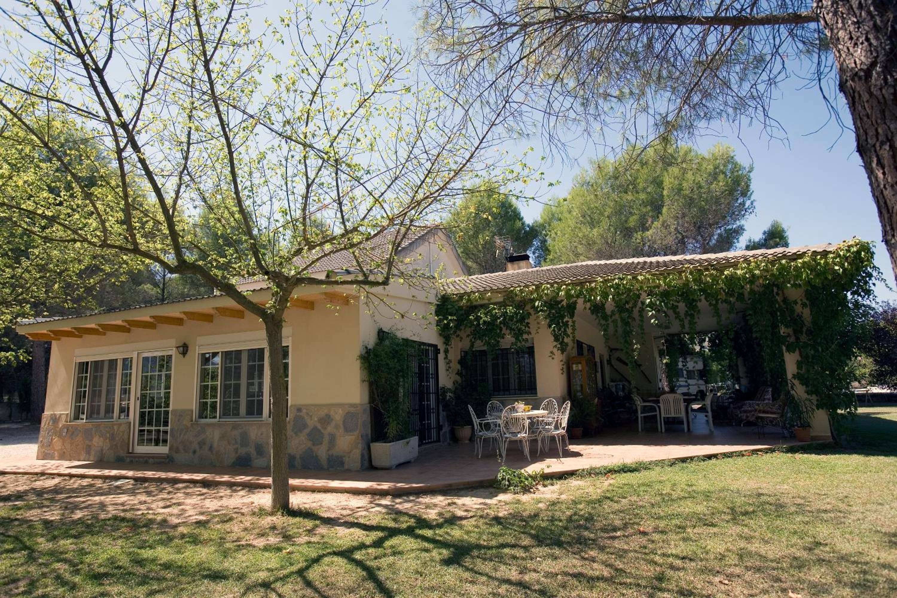 A house with a patio, a covered seating area, and a tree in the foreground.