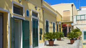 A narrow cobblestone street with yellow buildings, green shutters, and potted plants.