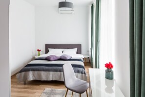 Premium bedding, desk, soundproofing, iron/ironing board