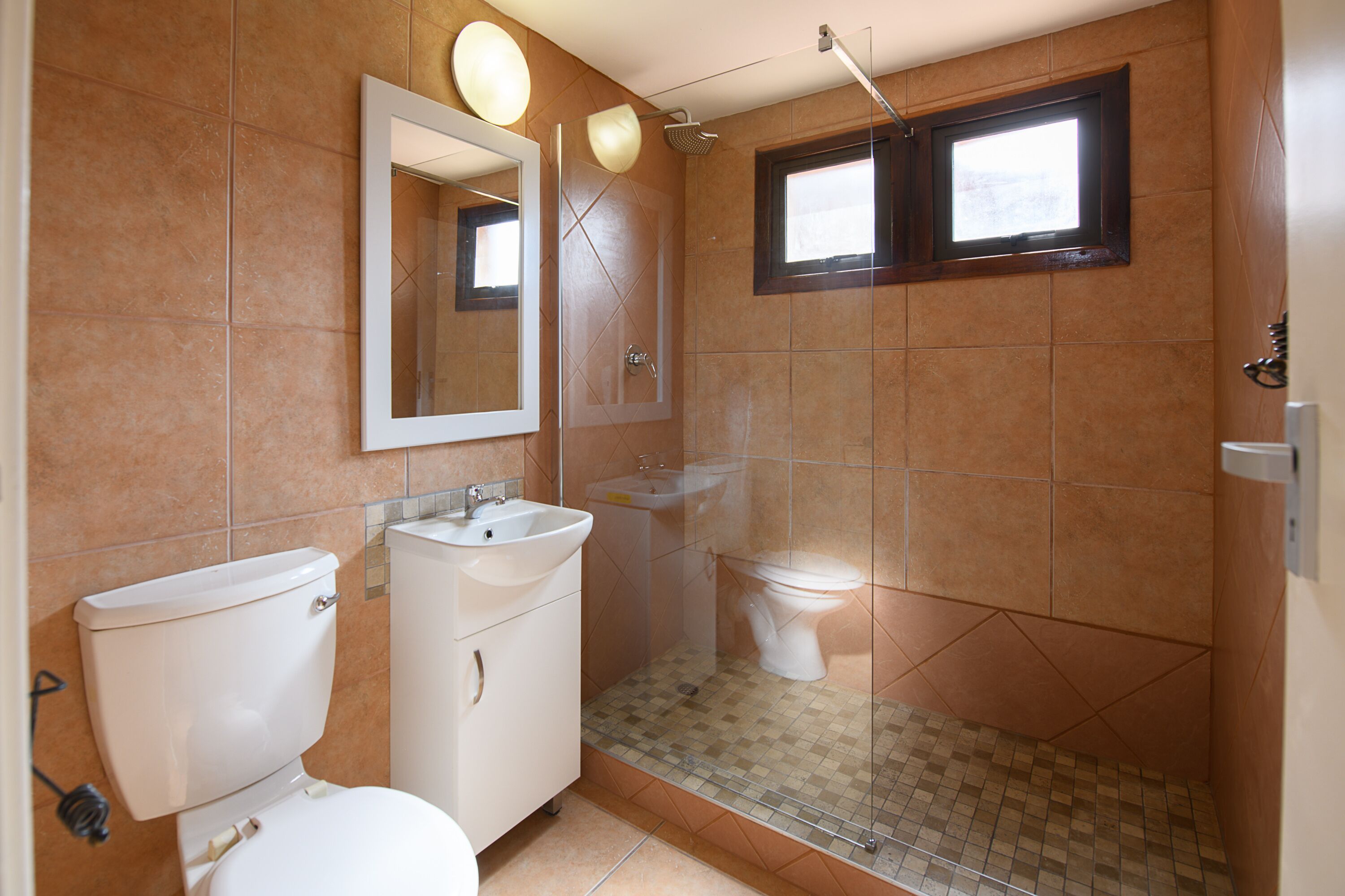 A bathroom with a toilet, sink, and shower.