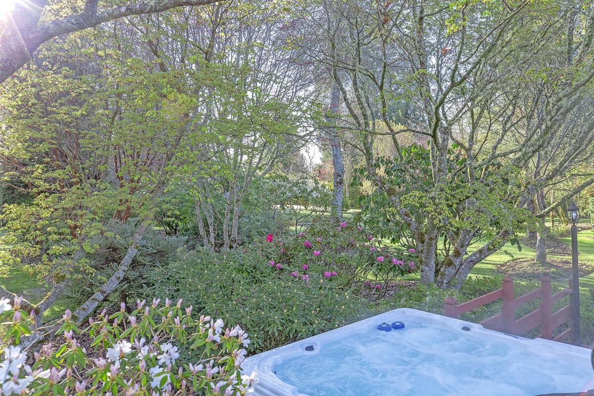 A hot tub surrounded by lush greenery and trees.