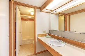 Combined shower/bathtub, free toiletries, hair dryer, towels