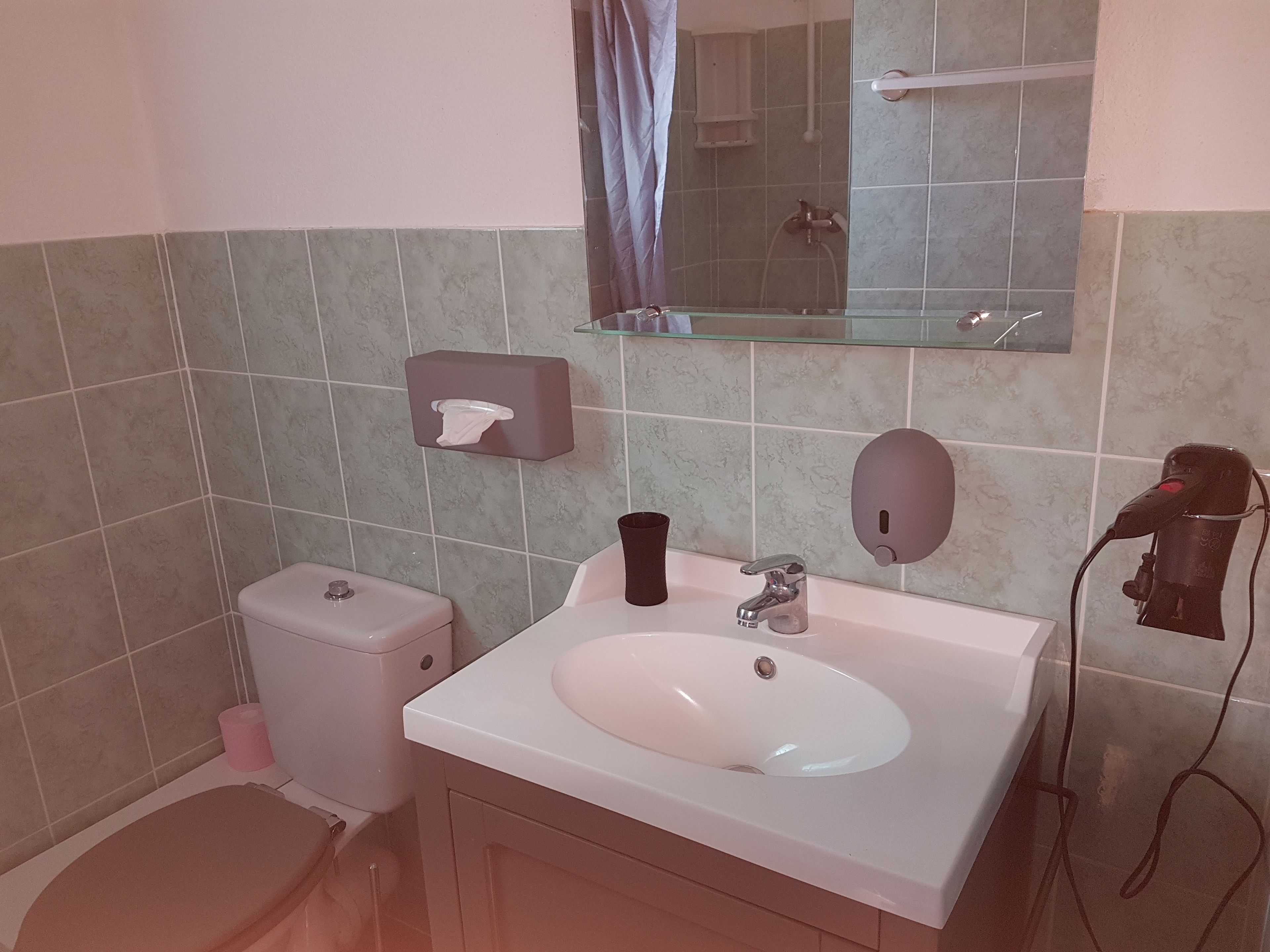 A bathroom with a white sink, a mirror, a towel dispenser, and a toilet.